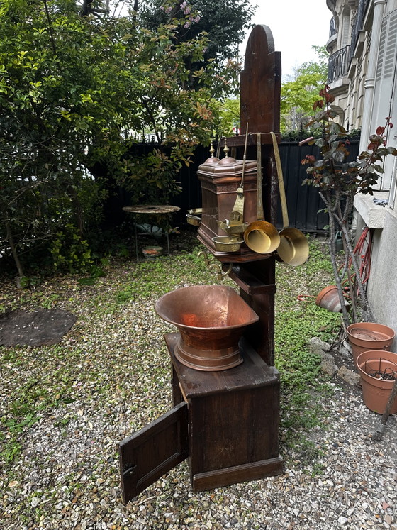Image 1 of Large French Copper and Brass Wall-Mounted Kitchen Fountain with Basin, Early 19th Century