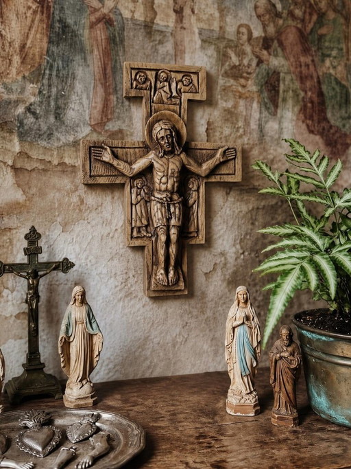 Croix de San Damiano vintage en bois sculpté, art religieux franciscain – wanddecoratie, Wood (photo 2 of 12)