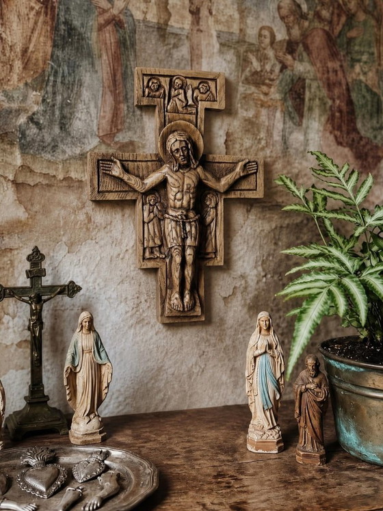 Croix de San Damiano vintage en bois sculpté, art religieux franciscain – Décorations murales, Wood (photo 2 of 12)