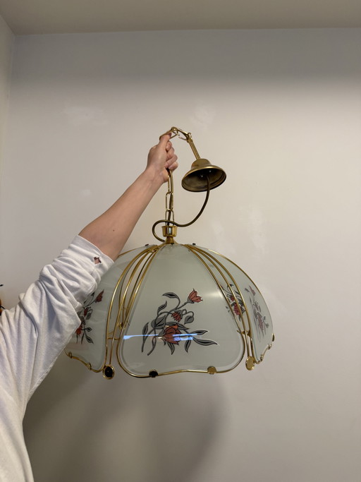 Magnifique suspension de style Hollywood Regency vintage – Laiton et verre – Années 70/80