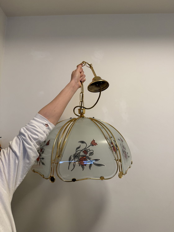 Image 1 of Magnifique suspension de style Hollywood Regency vintage – Laiton et verre – Années 70/80