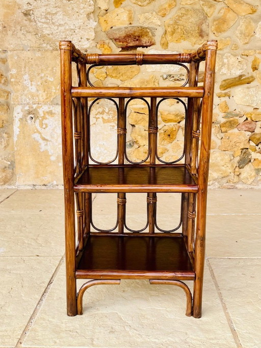 Scaffale vintage a 3 ripiani in bambù e rattan, anni '60