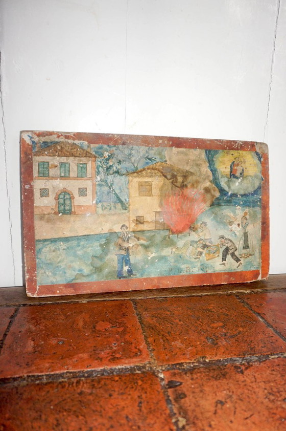 Image 1 of antique ex voto fire rescue painting * early 1800s * oil on wood