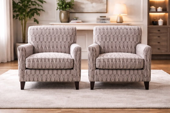 Image 1 of Pair of mid-century modern Nordic armchairs in solid wood with neutral textile upholstery, two items, dating from 1940–1950