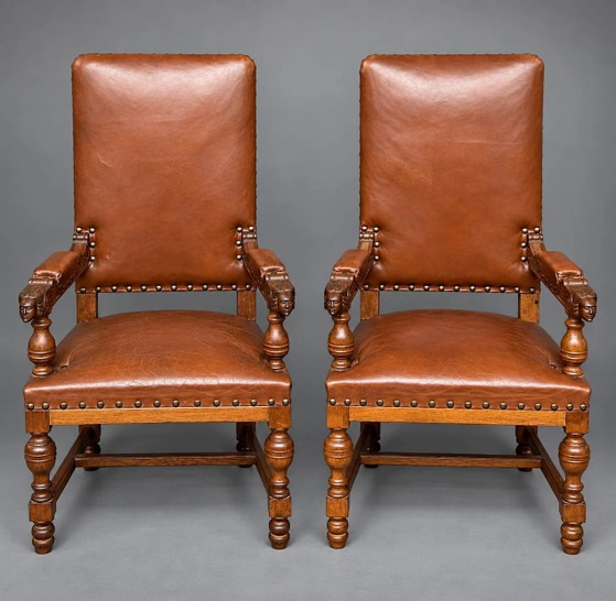 Pair of Renaissance armchairs. Carved solid oak. Holland. Late 19th century., Wood, Brown (photo 9 of 9)