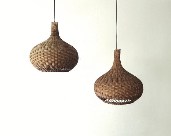 Image 1 of Suspension vintage en rotin, suspension style Mid-Century Modern, lampe de table à manger