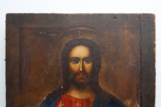 Image 1 of Icono religioso ruso del siglo XIX de Cristo Pantocrátor, pintado a mano sobre madera.