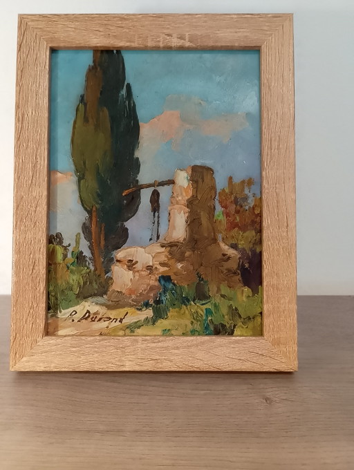 Antiek olieverfschilderij op paneel, Provençaals landschap, P. Durand, jaren 1940-1950