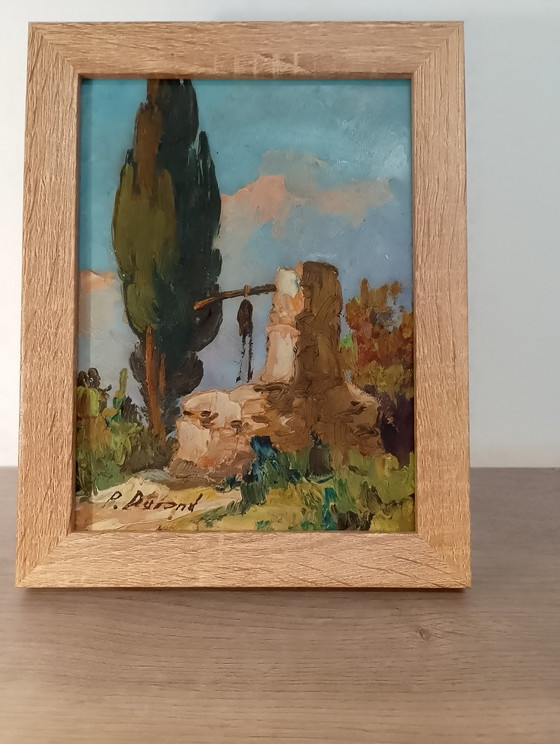 Image 1 of Antiek olieverfschilderij op paneel, Provençaals landschap, P. Durand, jaren 1940-1950