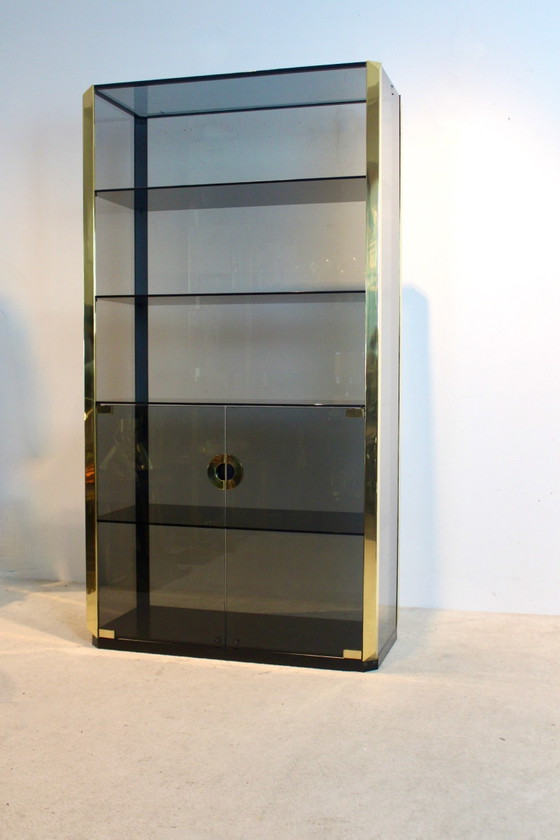 Willy Rizzo Smoked Glass Cabinet for Mario Sabot 1970, Sideboard cabinet, polished steel, Brass (photo 9 of 12)
