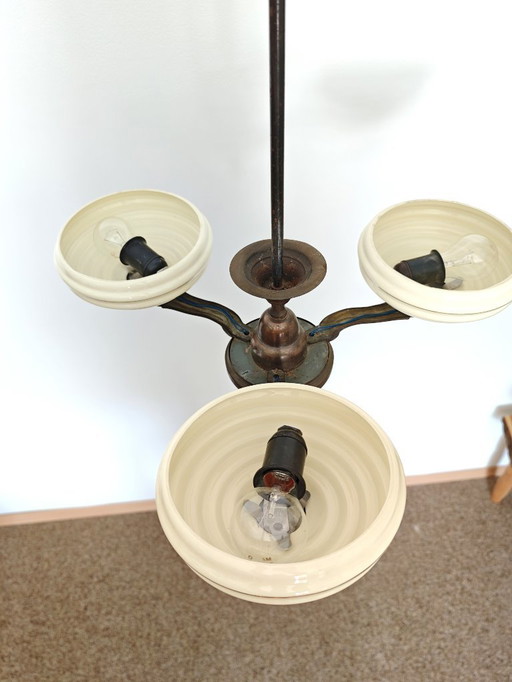 Art deco chandelier, brass holder ivory opal glass shades, 1940