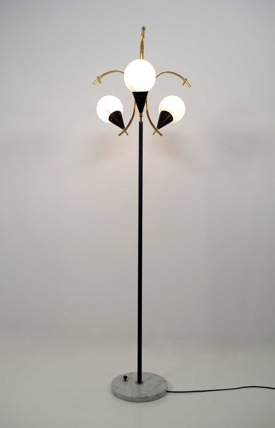 Image 1 of Stilnovo Mid-Century Modern Italian Brass and Opaline Glass Floor Lamp, 1950s