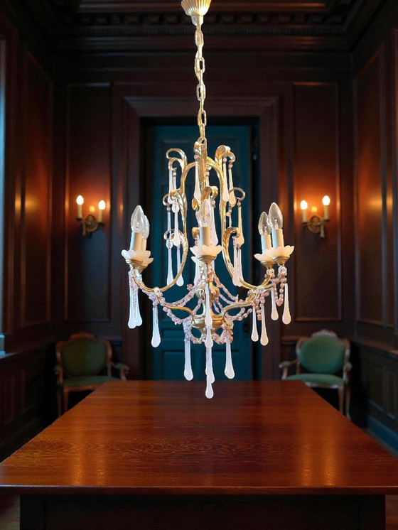 Image 1 of Murano-style pink opal glass lighting set – 6-light chandelier + 2 wall lights