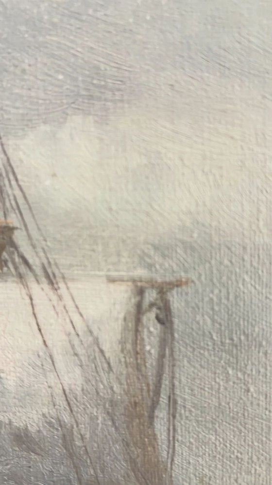 Image 1 of Peinture à l'huile originale vintage représentant une marine, signée, paysage côtier
