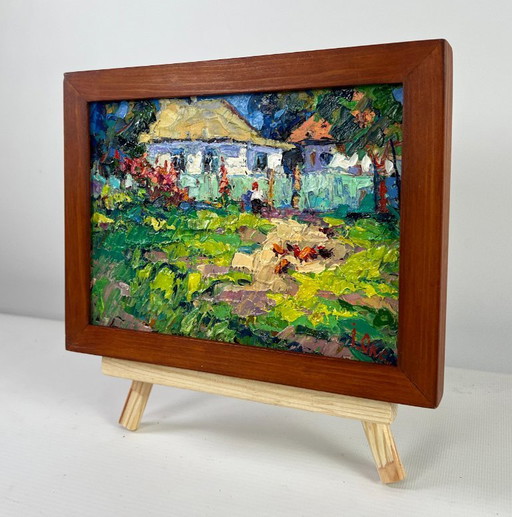 Original Oil Painting Summer Nature Landscape House in the village