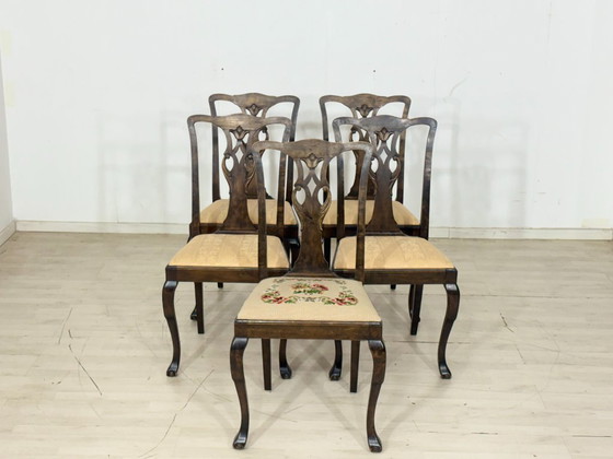 Image 1 of Set di 5 sedie Chippendale antiche / sedie da pranzo in pregiato mogano/noce, circa 1900