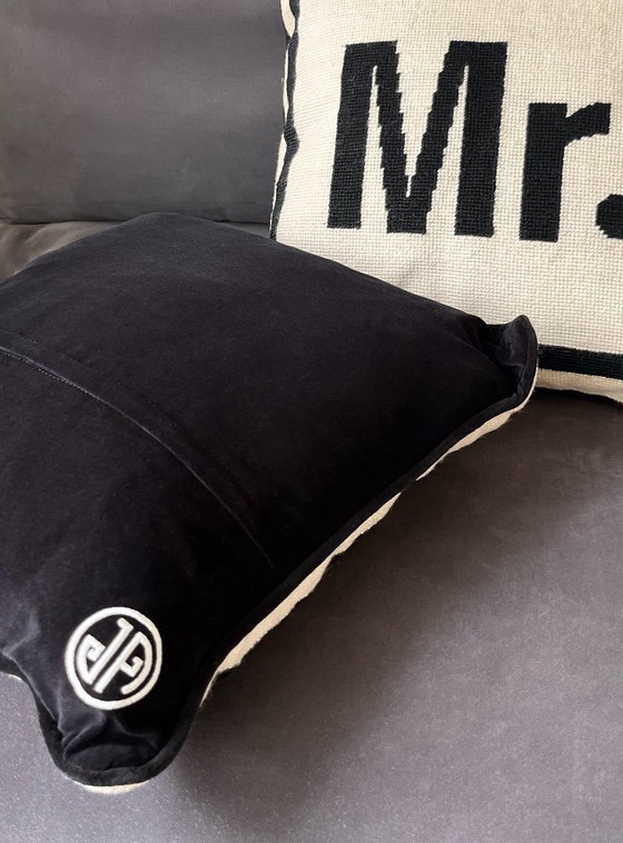 Image 1 of Jonathan Adler Mr & Mrs Needlepoint Cushion | Luxury Wool Embroidered Designer Pillow | Iconic Statement Home Decor 40x40 | New