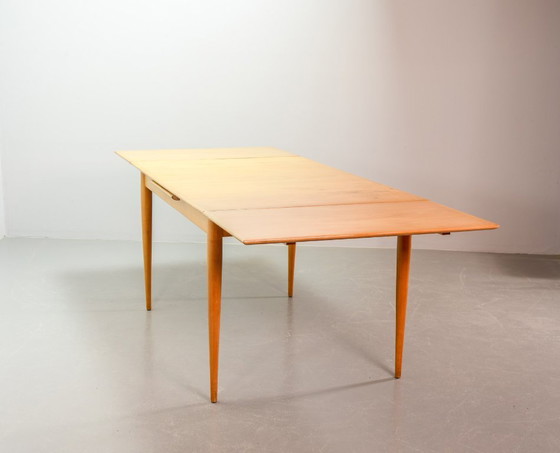 Image 1 of Large Mid-Century Design Extendable Solid Beech Wooden Dining Table in style of Arno Lambrecht. Germany, 1950s.