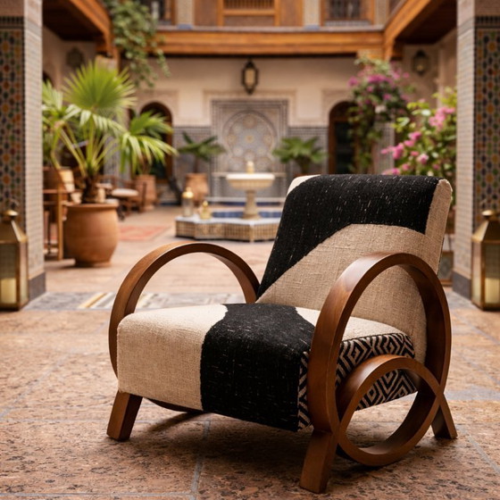 Image 1 of Pair of Moroccan Walnut Armchairs with Vintage Berber Kilim – Artisan Craftsmanship (Set of 2)