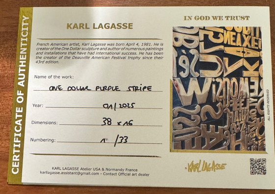 Image 1 of Karl Lagasse – One DOLLAR PURPLE STRIPE (33 exemplaires dans le monde) – Signé + Certificat d'authenticité