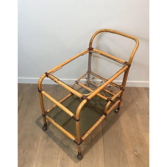 Image 1 of Rattan and leather vintage cart, France 1950