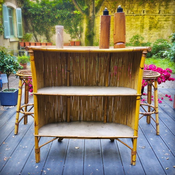 Image 1 of Tiki bar et ses tabourets vintage en rotin et bambou, France, 1950s