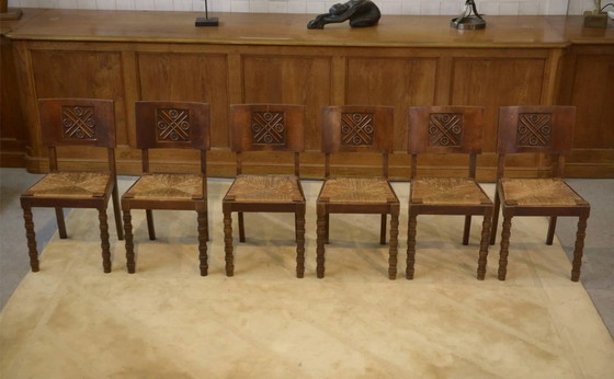Set of 6 Charles Dudouyt chairs in oak from the 1950s., Dining chairs, Brown, Vintage (photo 11 of 13)