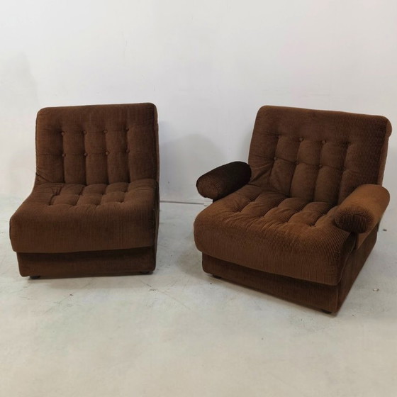 Image 1 of Lounge fauteuils modulair jaren 70 bruine rib set van twee 