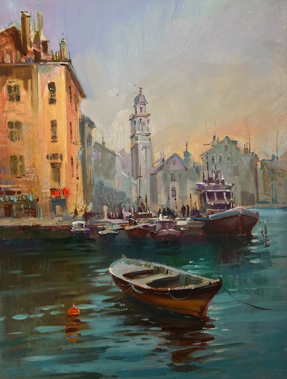 Image 1 of Original Oil Painting Coastal City Landscape Walking tour of the Venetian city