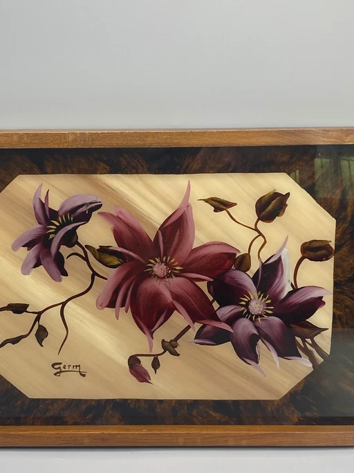 Painted tray under glass, signed Germ, floral bouquet, wood and cylindrical handles – decoratieve objecten (photo 2 of 7)