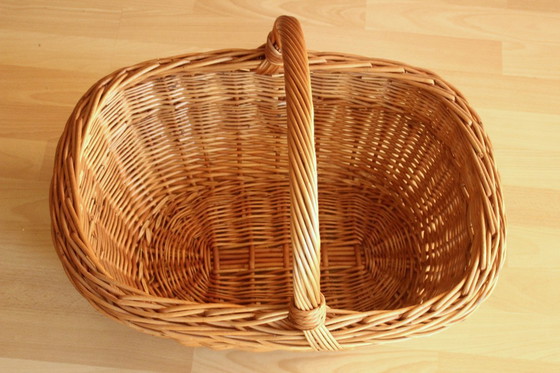 Image 1 of Grand panier à provisions, panier de pique-nique, osier, fait main - vintage