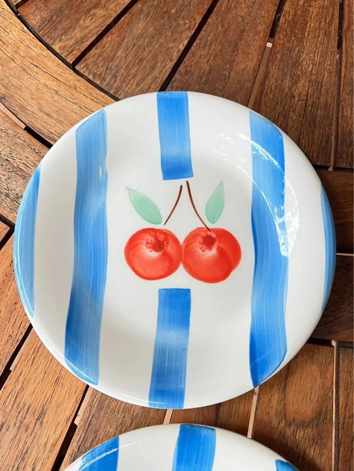 Lot 12 Plates and Dessert Plates Vintage Treci Italie, Porcelaine Peinte Main Cerises, Vaisselle Méditerranéenne 80s Rayée
