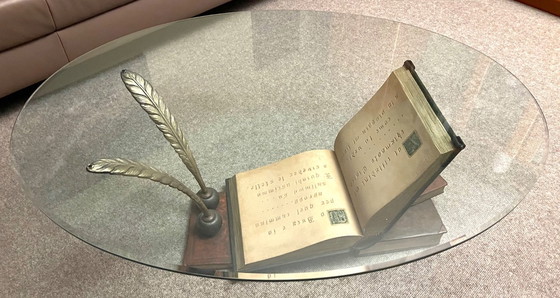 Image 1 of Tavolino da caffè, tavolino da soggiorno, tavolo di vetro, libri, piume