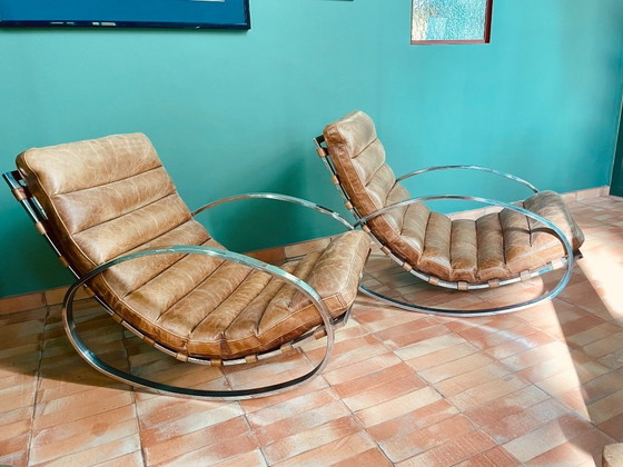 Image 1 of Vintage design rocking chair in the style of Hans Kaufeld, 1970s, leather and chrome, Bauhaus inspired.
