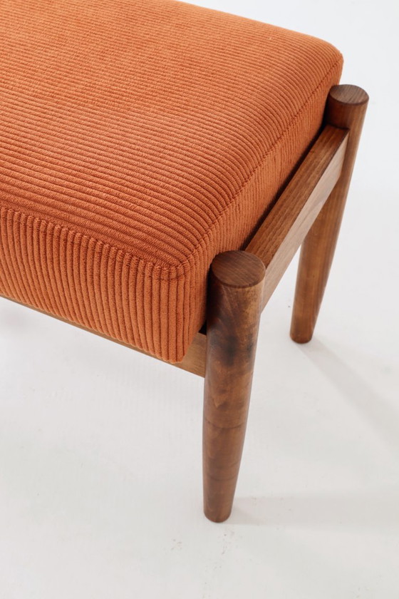 Image 1 of Ensemble vintage fauteuil et pouf en velours côtelé orange, Henryk Lis, 1960, Pologne