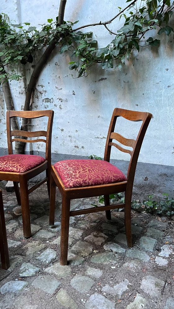 Image 1 of Set of 4 oak dining chairs, 1930s-1940s, fabric upholstery in good condition