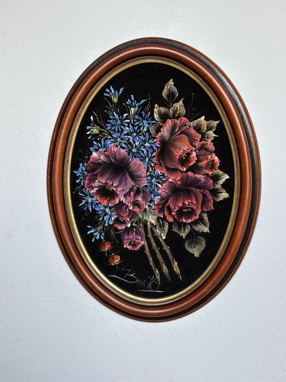 Image 1 of Vibrant Vintage Velvet Floral Painting - Small Oval Wooden Frame with Gold Trim (32x24.5cm)
