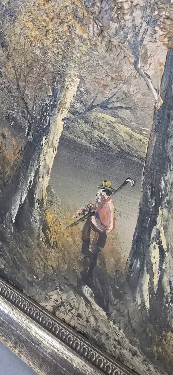 Image 1 of Atmospheric Painting "Autumn Landscape" – Vintage 1970s with Gold Frame