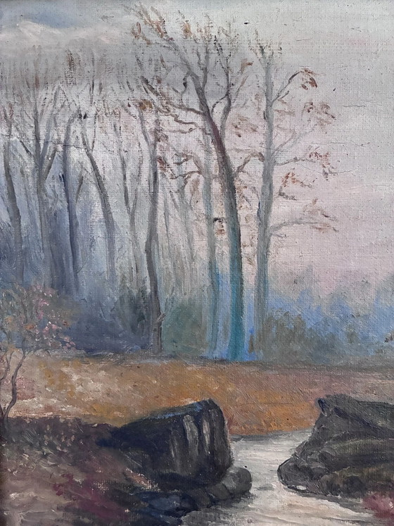 Image 1 of Peinture à l'huile originale ancienne représentant un paysage forestier, vers 1910