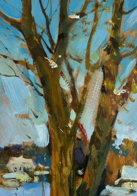 Image 1 of Original Oil Painting Winter Village Landscape Winter path to the village