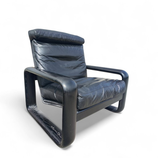 Een paar zwarte leren Rosenthal fauteuils uit de jaren 70.