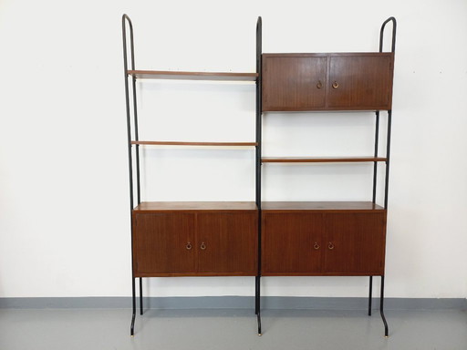 Vintage Italian double modular bookcase in wood and metal from the 60s