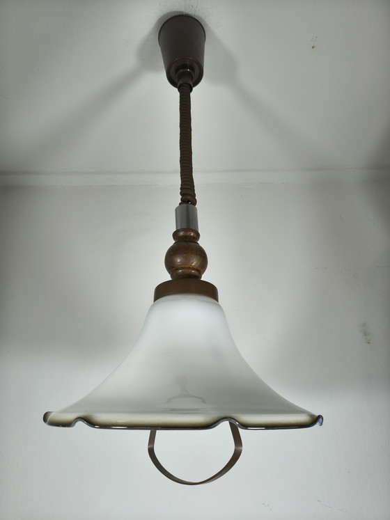 Image 1 of Vintage opal glass pendant lamp with wavy rim (± 1930s–1950s)