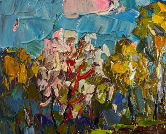 Image 1 of Original Oil Painting Nature Field Landscape Early spring over the village silence