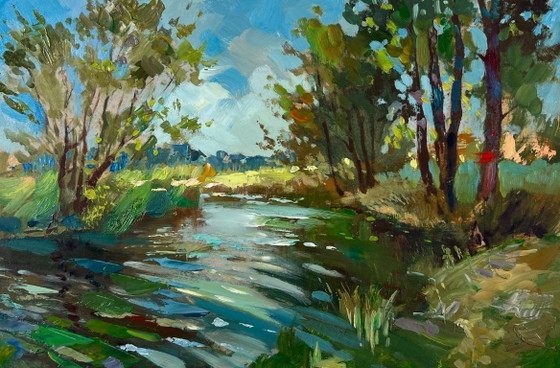 Image 1 of Original Oil Painting Summer Nature Landscape Quiet forest river