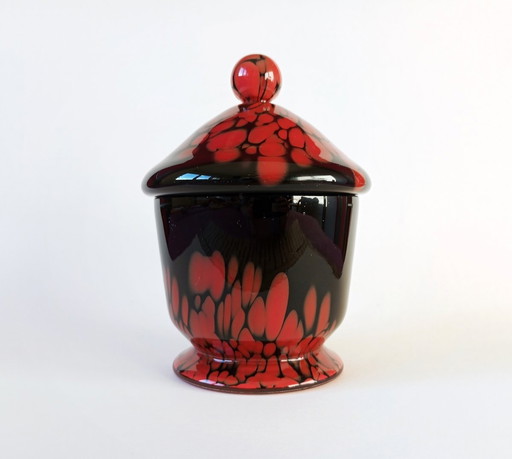 Rare bol à couvercle en verre Art-Déco noir/rouge "Tango" Kralik 1930S