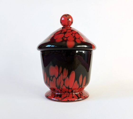 Image 1 of Rare bol à couvercle en verre Art-Déco noir/rouge "Tango" Kralik 1930S