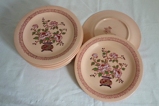 Image 1 of Art Deco Steingutservice mit Peking Emaille, Longwy Muster, 1930er, 14er Set