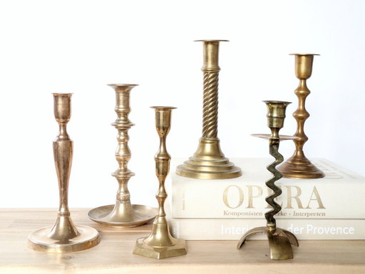 Set of 6 Vintage Brass Candleholders: Mixed-Height and Designs, Holiday Table