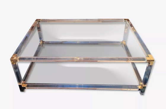 Image 1 of Large Italian 2-Level Coffee Table in Lucite, Glass and Gilt Brass, 1970-80